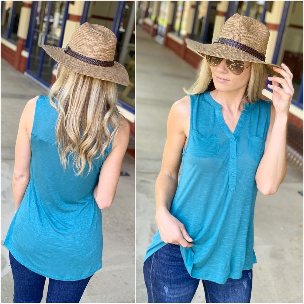 ✨LAST 1✨Teal Button Up Front Pocket sleeveless top - Picture 3 of 3